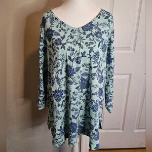 J Jill Blue Floral Prima 3/4 Sleeve V Neck Tee Size XL